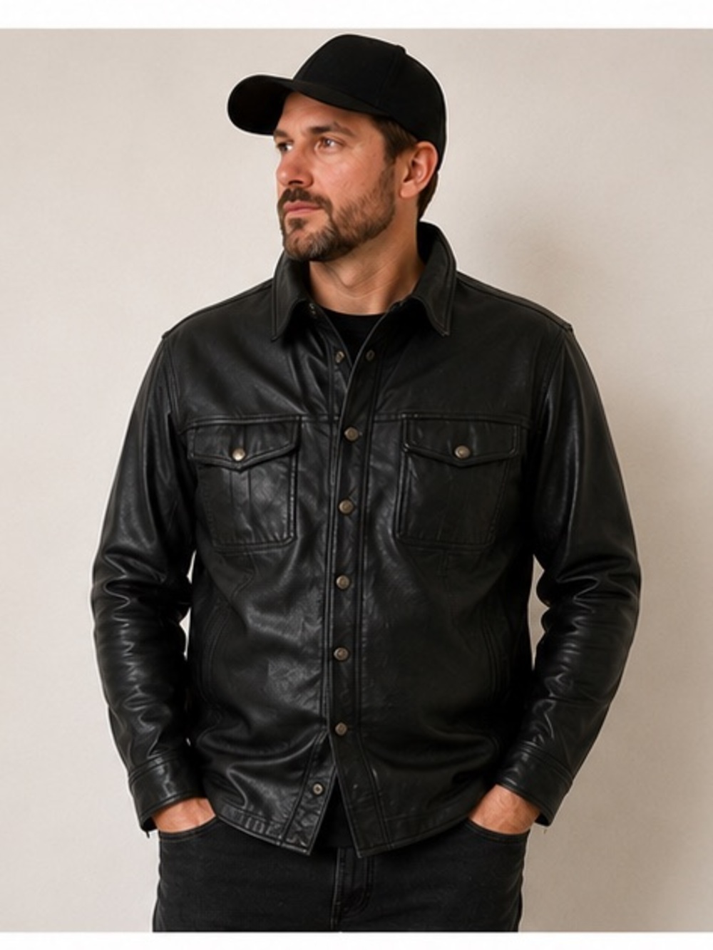 Vintage Harley Davidson Black Leather Lined Bar Snap Biker Shirt Jacket Men's XL